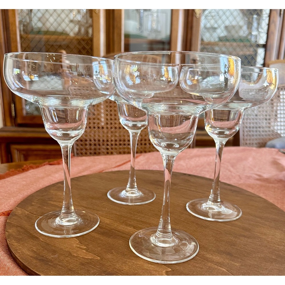Set of 4 Classic Clear Glass Margarita Glasses Wide Rim Stemmed Cocktail Barware